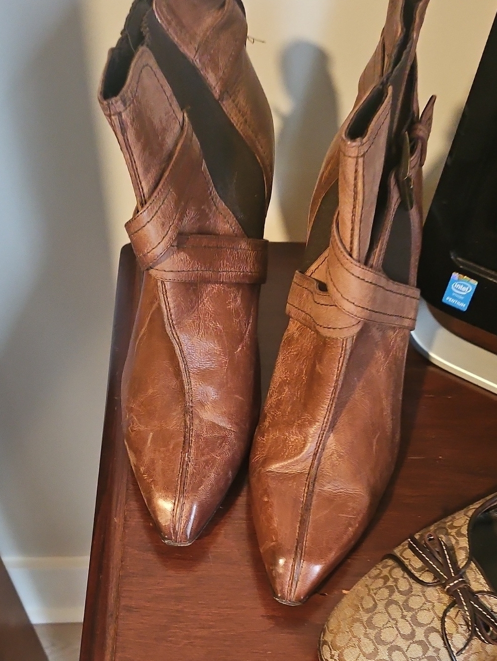 Donald J. Pliner Brown Leather Pointed Ankle Boots with Cross Straps Detail